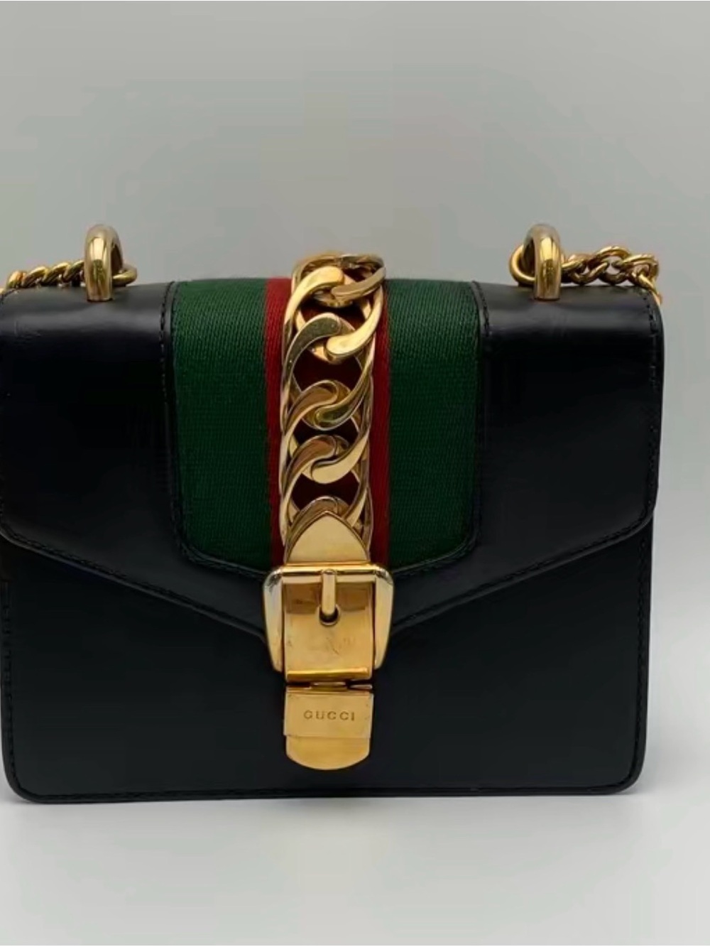Gucci Black Leather Shoulder Bag with Green & Red Web and Gold Hardware